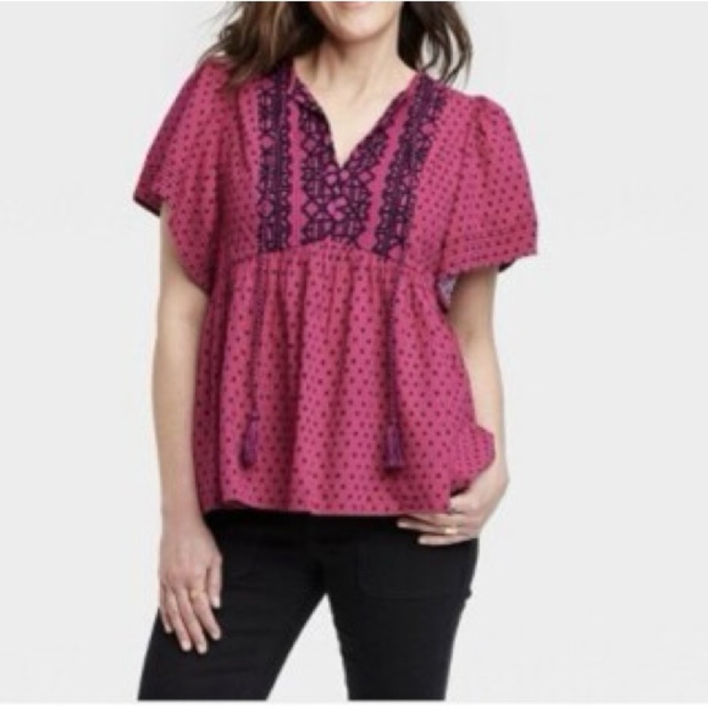 Knox Rose Pink Boho Blouse with Black Embroidery| Size L